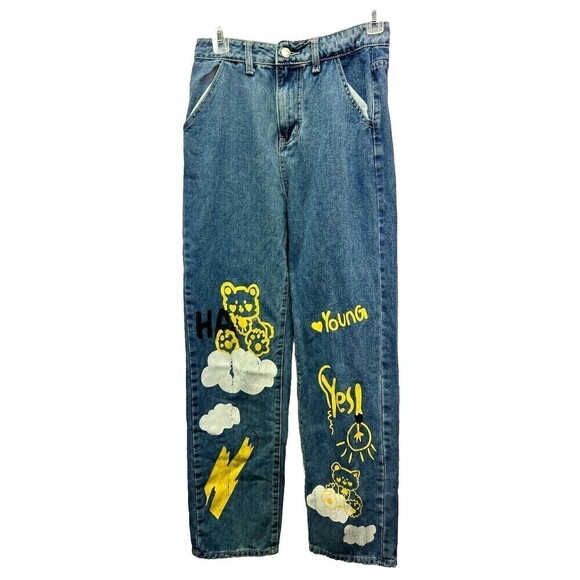 Shein High Waist Letter and Cartoon Graphic Jeans Size: XS Color: Blue - Picture 1 of 12